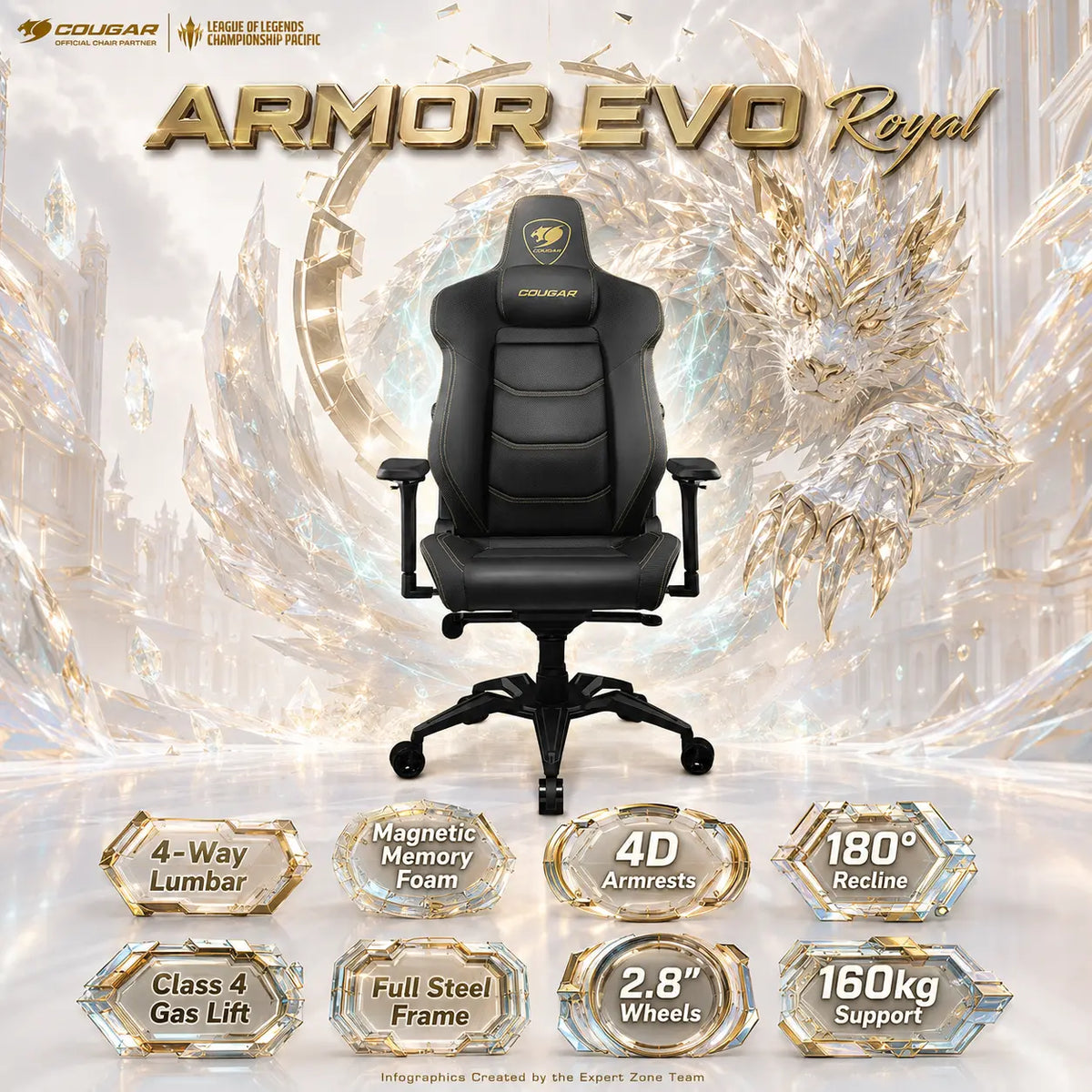 COUGAR ARMOR EVO Royal Gaming Chair –  4-Way Lumbar Support, Magnetic Memory Foam Pillow, 4D Armrests, 180° Recline & 160kg Support | Black & Gold