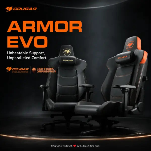 COUGAR ARMOR EVO Royal Gaming Chair –  4-Way Lumbar Support, Magnetic Memory Foam Pillow, 4D Armrests, 180° Recline & 160kg Support | Black & Gold