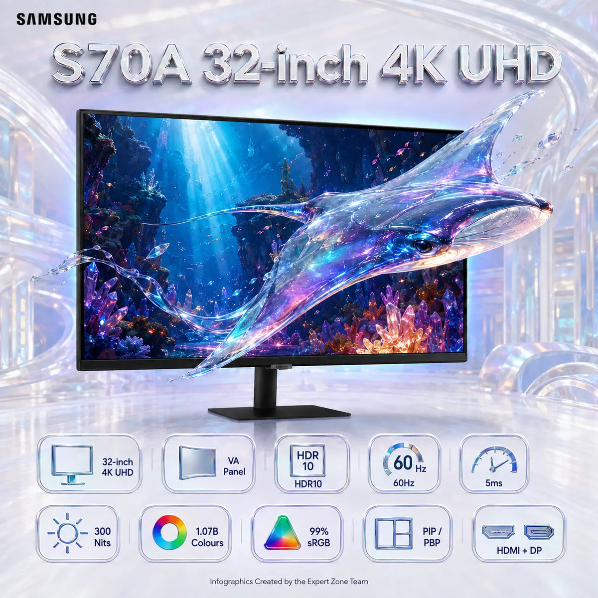 Samsung S70A 32-inch 4K UHD Monitor – VA Panel, HDR10, 60Hz, 5ms, 300 Nits, 3 Sided Borderless Design, 1.07B Colours, 99% sRGB, PIP/PBP, HDMI 2.0 & DisplayPort 1.2 | LS32S70A