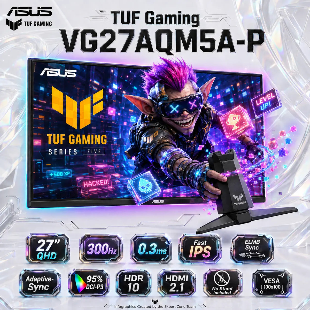 ASUS TUF Gaming VG27AQM5A-P 27″ QHD 300Hz Fast IPS Monitor , 0.3ms GTG , ELMB Sync , 95% DCI-P3 , HDR10 , G-SYNC Compatible , FreeSync Premium , Dual 2W Speakers , Gaming AI & Shadow Boost | No Stand Included