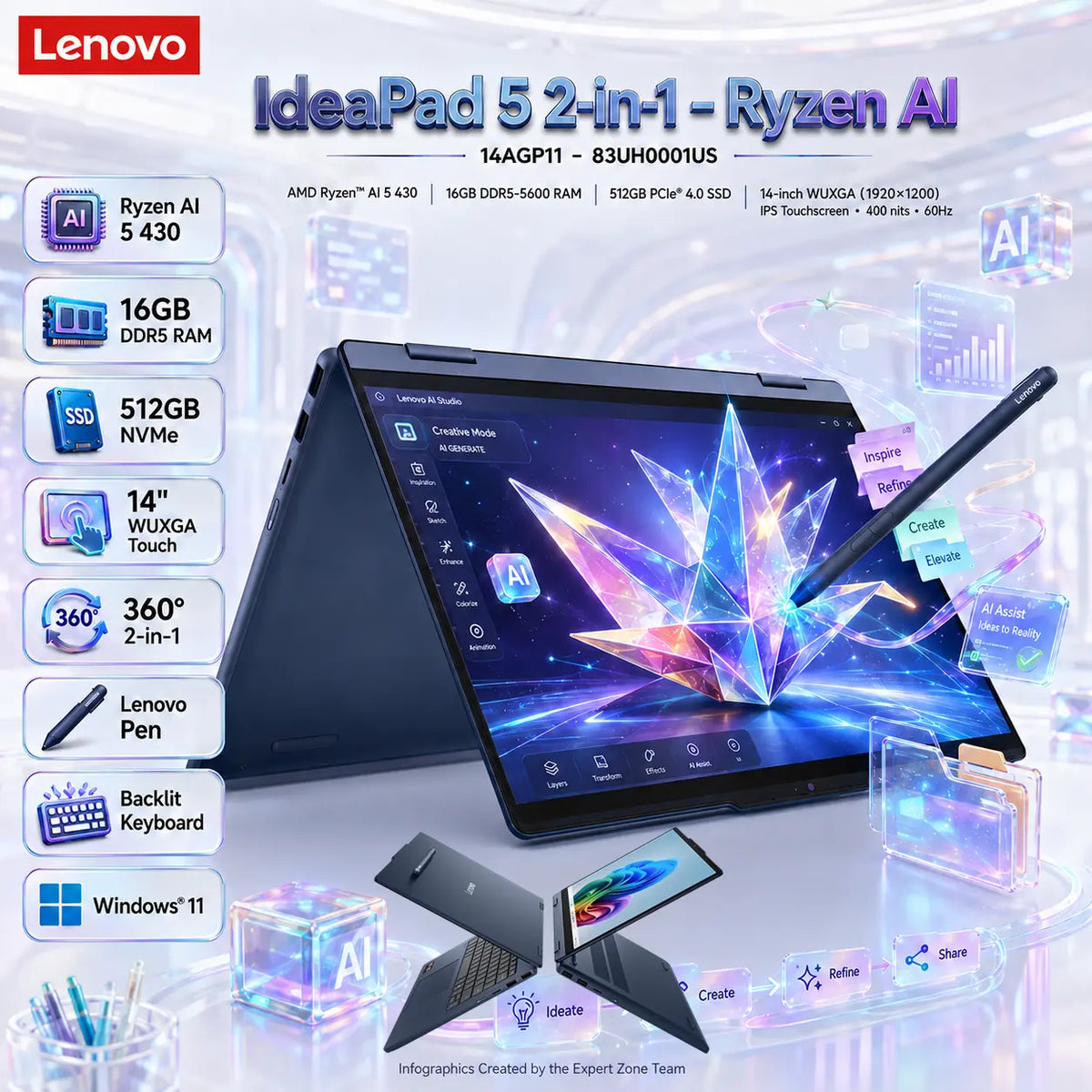 Lenovo IdeaPad 5 2-in-1 14AGP11: AMD Ryzen AI 5 430 | 16GB DDR5-5600 ; 512GB NVMe® | AMD Radeon 840M Graphics | 14-inch IPS Touchscreen | Backlit Keyboard | Lenovo® Pen Incl. | Windows® 11 | Cosmic Blue