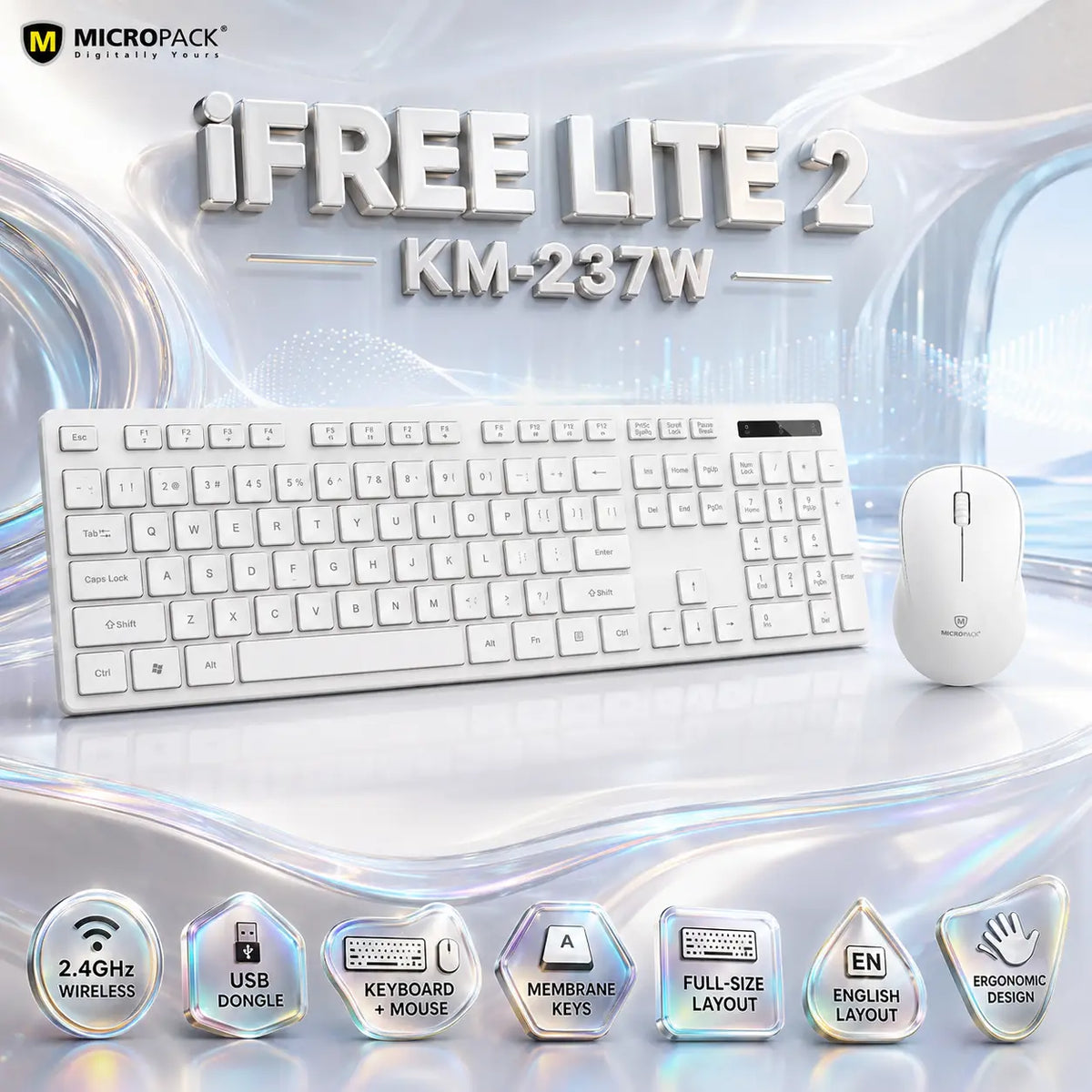 Micropack iFREE LITE 2 KM-237W 2.4GHz Wireless Keyboard & Mouse Combo – USB Dongle, Full-Size English Membrane Keyboard, Ergonomic White Design