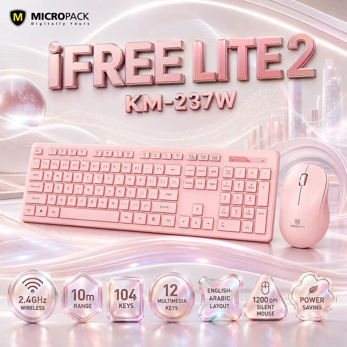 Micropack iFREE LITE 2 KM-237W 2.4GHz Wireless Keyboard & Mouse Combo – Pink, English-Arabic 104-Key Layout, 10m Range, 12 Multimedia Keys, 1200 DPI Silent Mouse