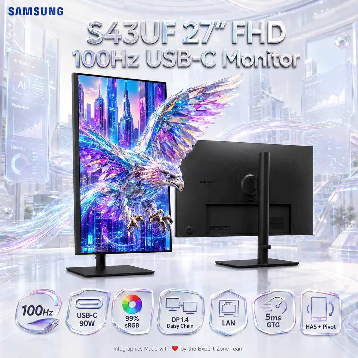 Samsung S43UF 27-inch FHD IPS 100Hz Monitor – USB-C 90W, LAN, DP 1.4 Daisy Chain, HDMI 1.4, 99% sRGB, 5ms GTG, 300-Nit, USB Hub, Height/Swivel/Pivot Stand & Eye Saver Mode + Game Mode | LS27F430UAUXXU