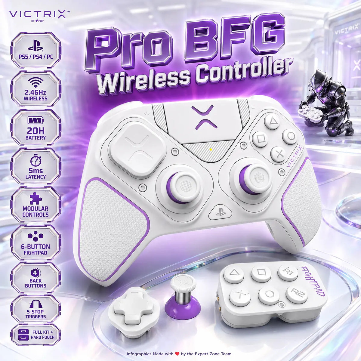 Victrix Pro BFG Wireless Controller –  PS5/PS4/PC, 2.4GHz + USB-C Wired, 20H Battery, 5ms, Modular Fightpad, 4 Back Buttons & 5-Stop Triggers | OPEN-BOX WHITE FULL KIT + HARD POUCH
