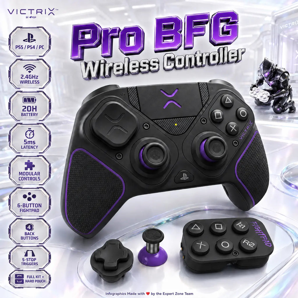 Victrix Pro BFG Wireless Controller –  PS5/PS4/PC, 2.4GHz + USB-C Wired, 20H Battery, 5ms, Modular Fightpad, 4 Back Buttons & 5-Stop Triggers | OPEN-BOX BLACK FULL KIT + HARD POUCH