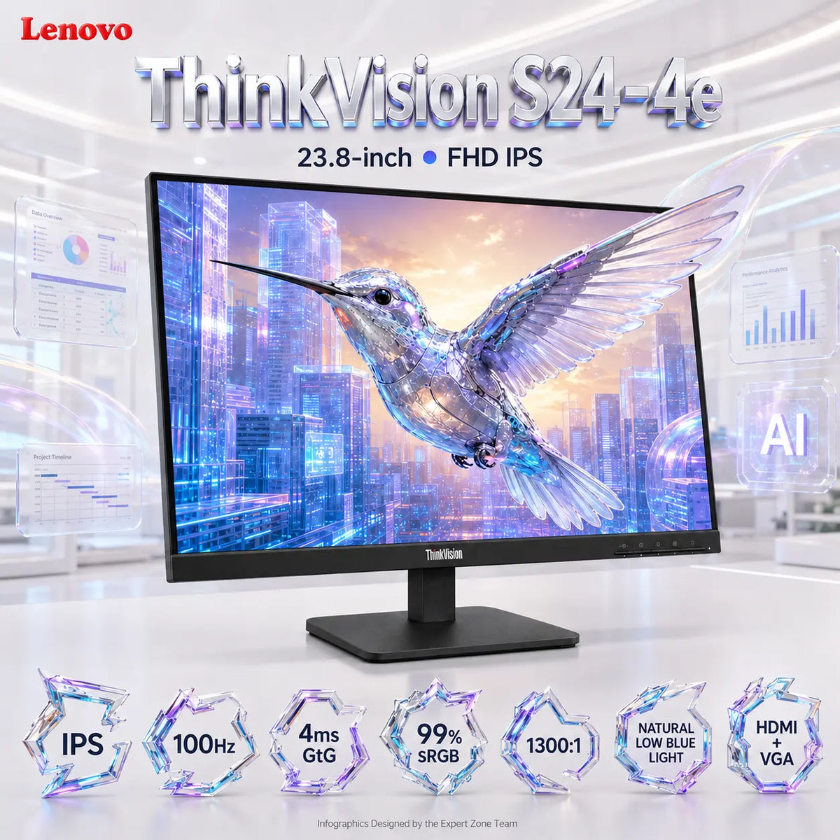 Lenovo ThinkVision S24-4e 23.8-inch FHD IPS Monitor – 100Hz, 4ms, 99% sRGB, 1300:1, Natural Low Blue Light, HDMI 1.4 + VGA, VESA | 64B5KAT1EU