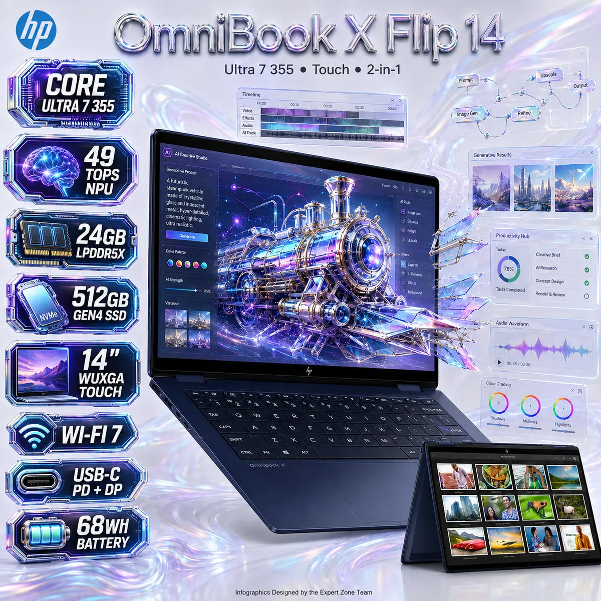 HP OmniBook X Flip NGAI: Core Ultra 7 355 | 24GB DDR5x ; 512GB NVMe | 14-inch 2K Touch IPS Display | Intel Graphics | Backlit Keyboard | Windows 11 | Atmospheric Blue ~ 14-KP0023DX