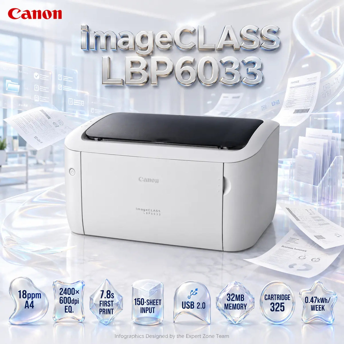 Canon imageCLASS LBP6033 Monochrome (Black & White) Laser Printer – 18ppm A4, 600×600dpi, 2400×600dpi Equivalent, 150-Sheet Input, USB 2.0, 32MB, Cartridge 325 | WHITE
