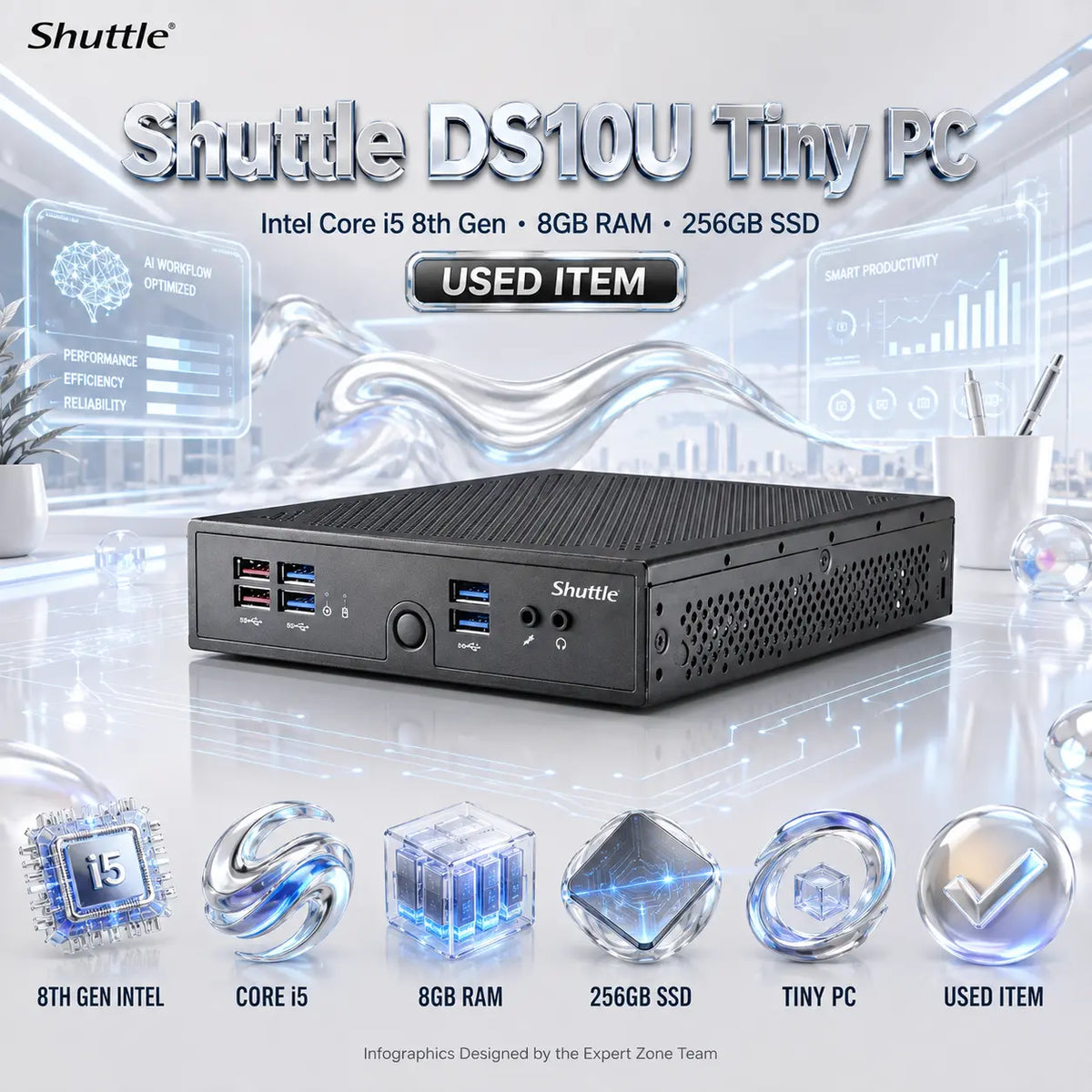 Shuttle DS10U Tiny PC – Intel® Core i5-8th Gen, 8GB DDR4 RAM, 256GB SSD, Intel® Graphics | USED ITEM