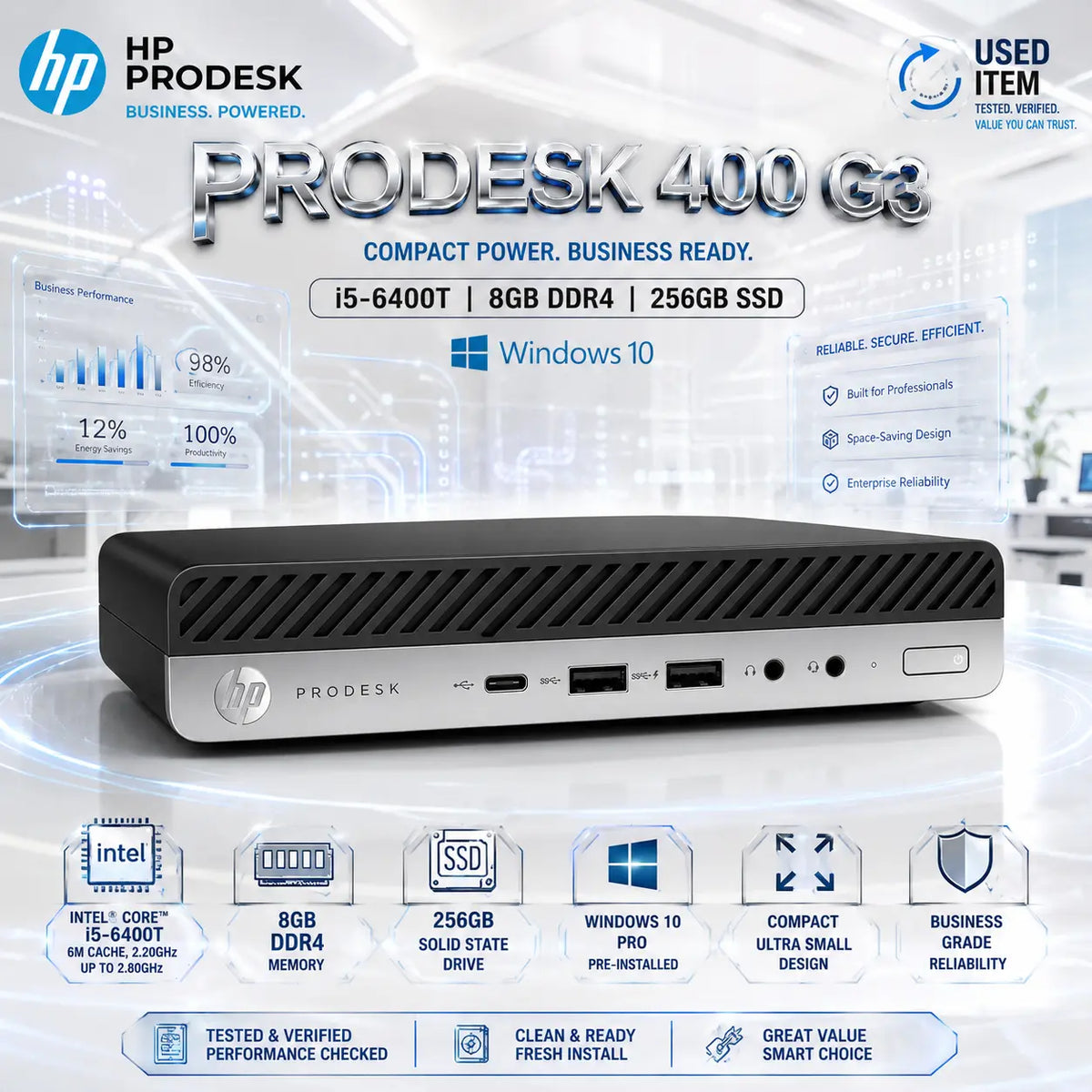 HP ProDesk 400 G3 : i5-6400T , 8GB DDR4, 256GB SSD, Windows 10 | USED ITEM