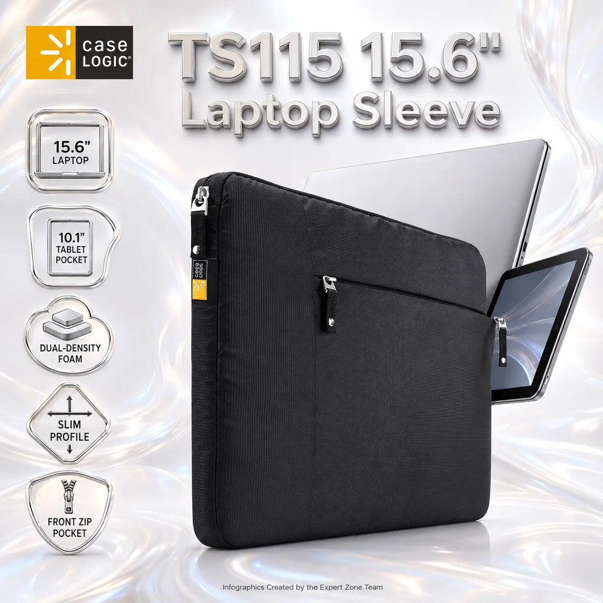 Case Logic TS115 15.6″ Slim Protective Laptop Sleeve – Dual-Density Foam Padding, 10.1″ Tablet Pocket, Front Zipper Pocket, Black