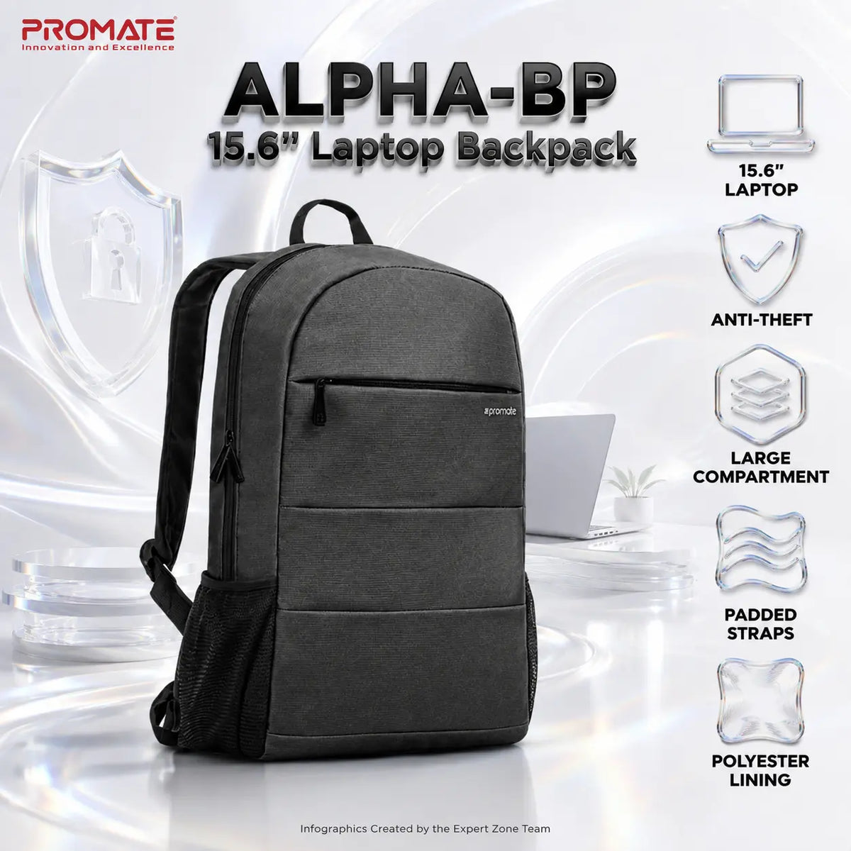 Promate ALPHA-BP-BLK 15.6″ Anti-Theft Laptop Backpack With Large Secure Compartment, Polyester Lining, and Padded Shoulder Straps