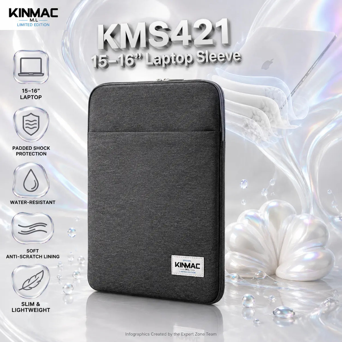 KINMAC KMS421 15–16″ Black Laptop Sleeve – Water-Resistant Protective Carry Case With Padded Shock Protection, Soft Anti-Scratch Lining and Slim Design