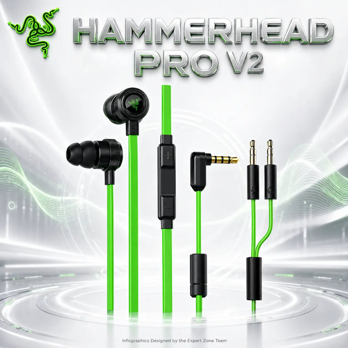Razer Hammerhead Pro V2 Wired Gaming Earphones – 10mm Neodymium Drivers, In-Line Omnidirectional Mic, 3-Button Remote, 3.5mm Jack & PC Splitter | RZ04-01730