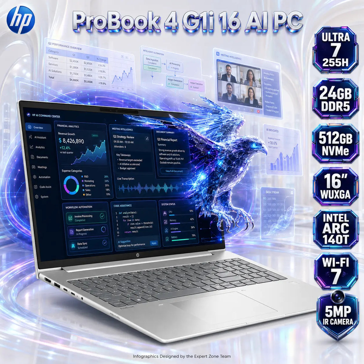 HP ProBook 4 G1i 16 AI PC: Intel® Core Ultra 7 255H | 24GB DDR5 RAM ; 512GB NVMe | 16-inch WUXGA IPS Display | Intel® Arc 140T GPU | DOS | Pike Silver ~ CA7X8ES