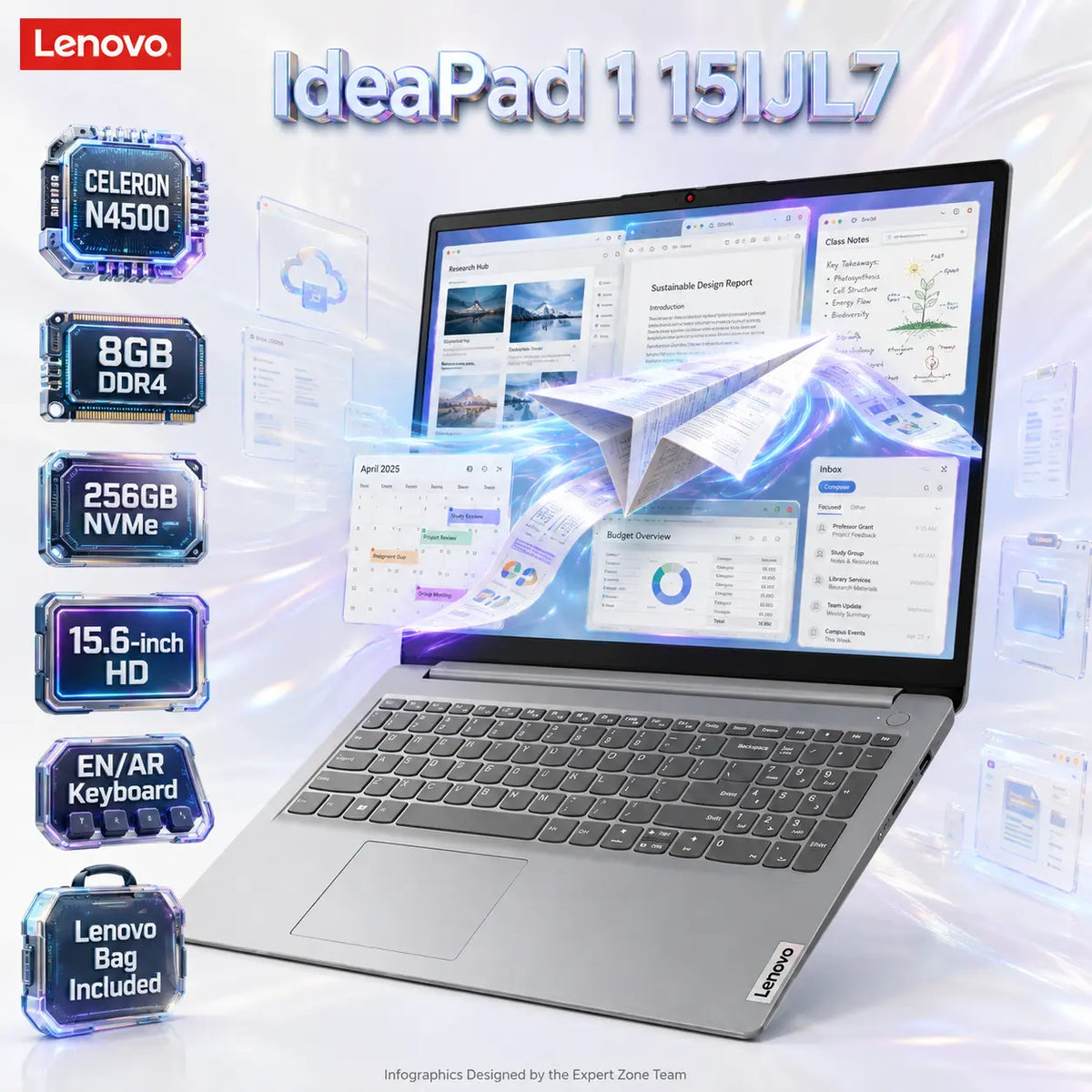 Lenovo IdeaPad 1 15IJL7: Intel® Celeron® N4500 | 8GB DDR4 RAM ; 256GB NVMe | 15.6-inch HD TN Display | UHD Graphics | English/Arabic Keyboard | DOS | Bag Incl. | Cloud Grey