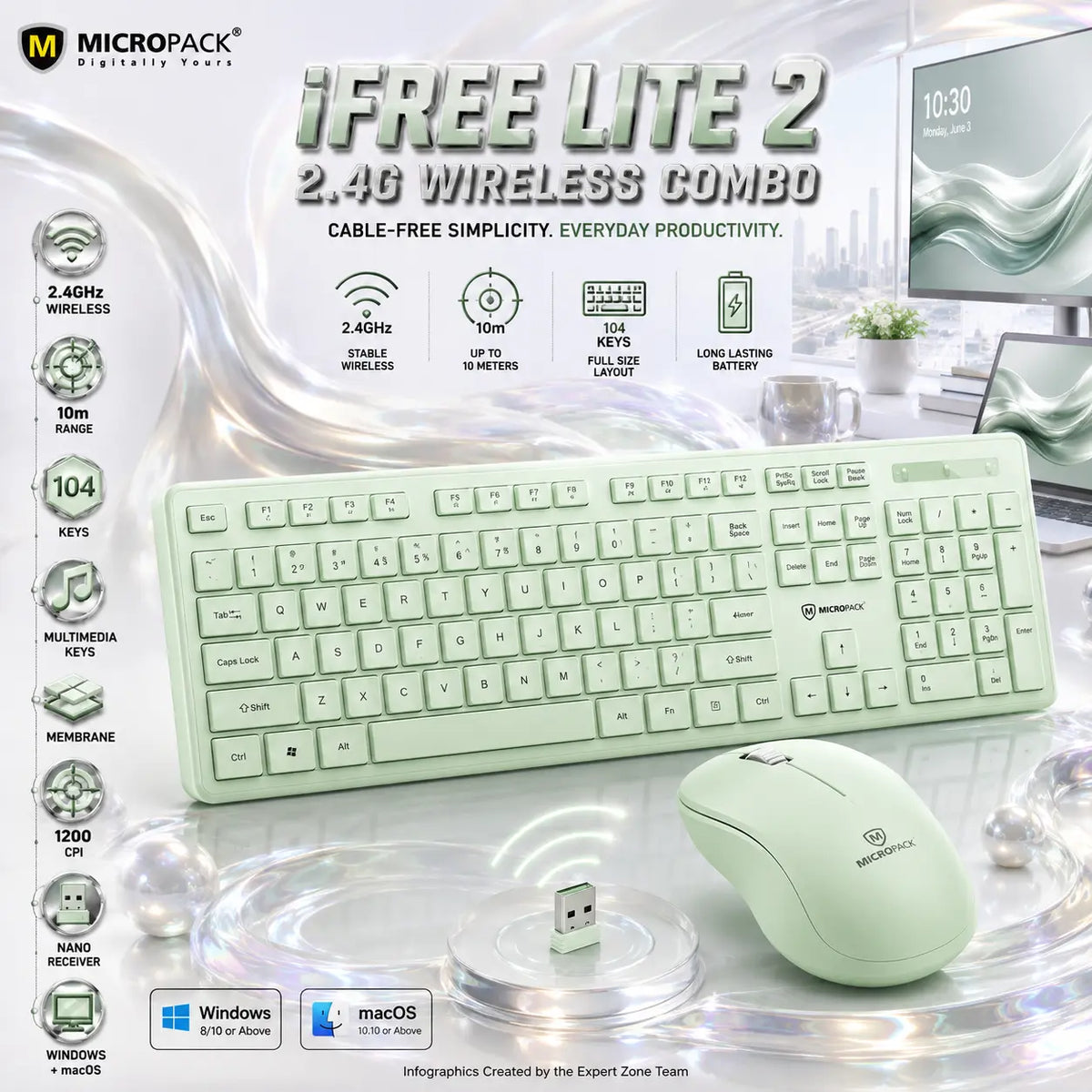 Micropack iFREE LITE 2 KM-237W Green 2.4GHz Wireless Keyboard & Mouse Combo with 104 Membrane Keys, 12 Multimedia Keys, 1200 CPI Mouse & 10m Range