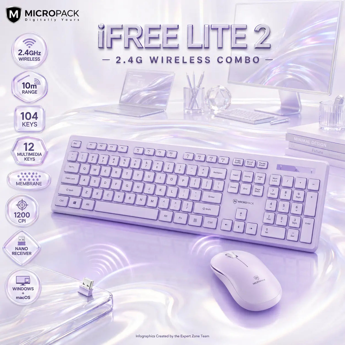 Micropack iFREE LITE 2 KM-237W Purple 2.4GHz Wireless Keyboard & Mouse Combo with 104 Membrane Keys, 12 Multimedia Keys, 1200 CPI Mouse & 10m Range