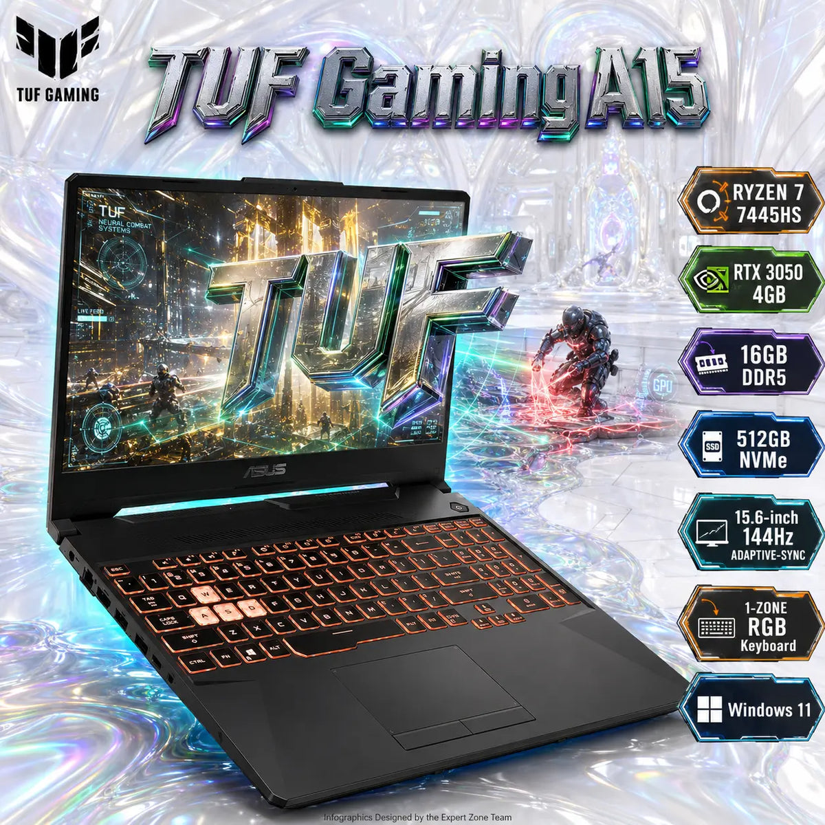 ASUS TUF Gaming A15: Ryzen 7 7445HS | 16GB DDR5 RAM ; 512GB NVMe | RTX 3050 (4GB) | 15.6-inch FHD IPS 144Hz Display | 1-Zone RGB Backlit Keyboard | Windows 11 | Graphite Black