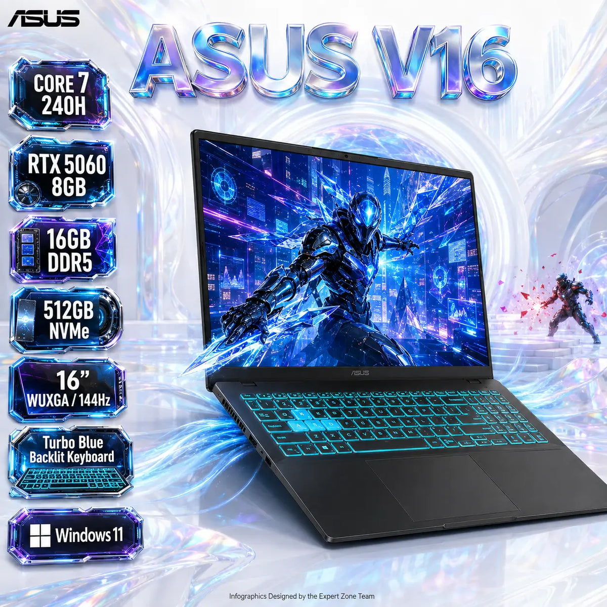 ASUS V16 V3607VM: Intel® Core 7 240H | 16GB DDR5 RAM ; 512GB NVMe | RTX 5060 (8GB) | 16.0-inch 144Hz IPS Display | Backlit Keyboard | Windows 11 | MATTE BLACK