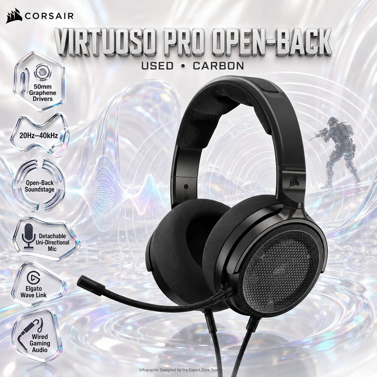 Used CORSAIR VIRTUOSO PRO Open-Back Wired Gaming Headset – 50mm Graphene Drivers, 20Hz–40kHz, Detachable Uni-Directional Mic & Elgato Wave Link Support