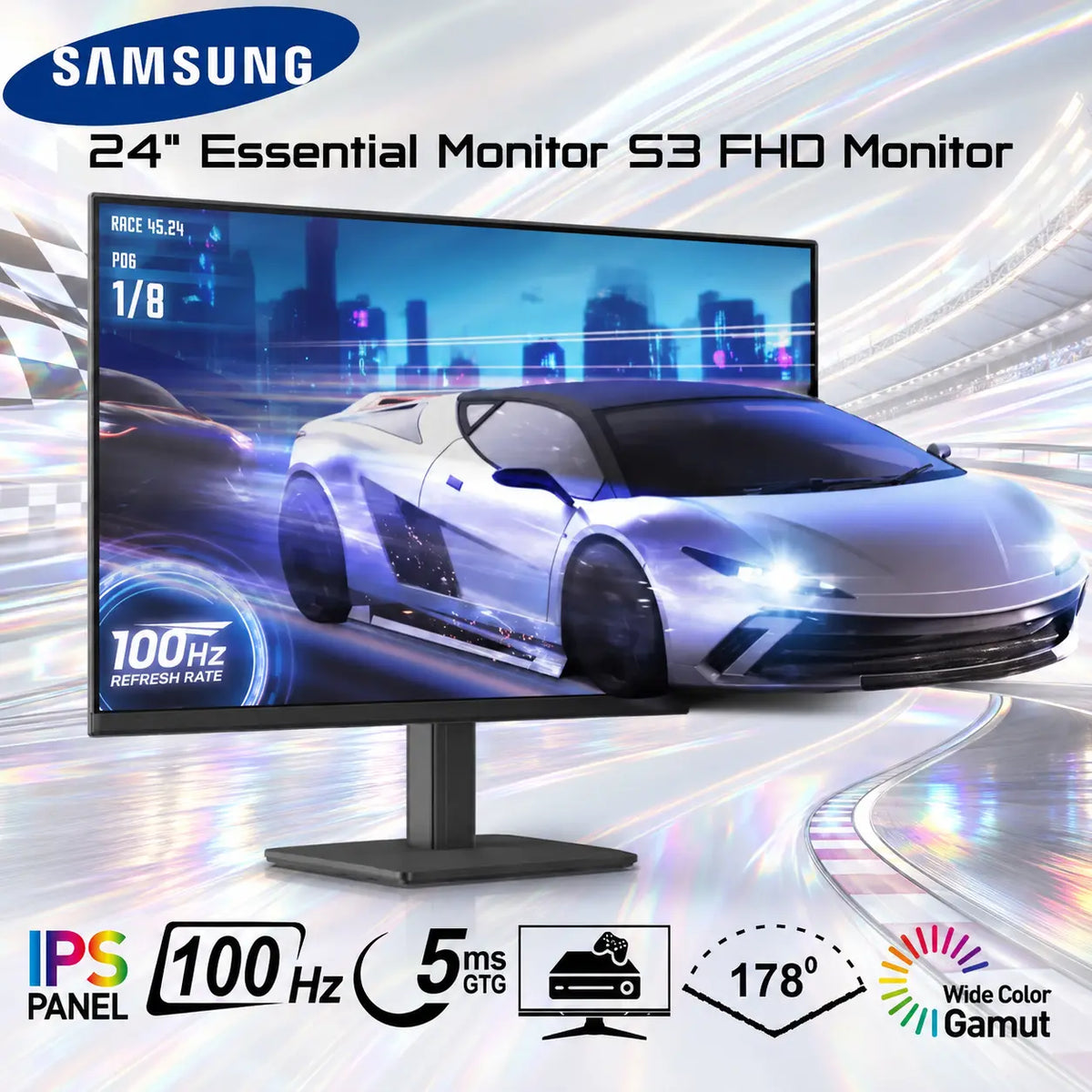 Samsung Essential Monitor S3 S30GD 24″ FHD IPS Monitor – 100Hz, 5ms GTG, 250 Nits, 72% NTSC, Eye Saver, Game Mode, HDMI + VGA, VESA 100×100 | LS24D300GAUXEN