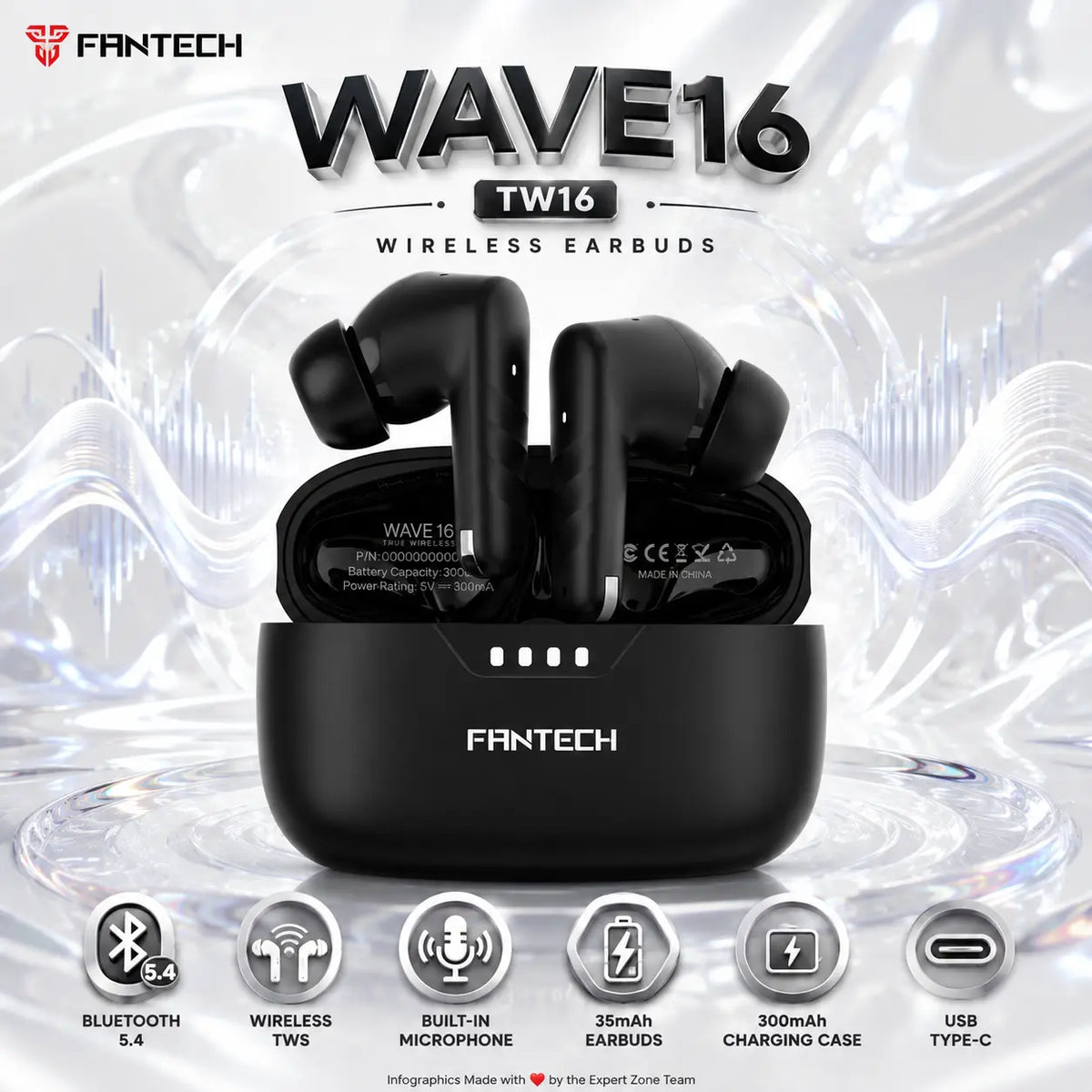 Fantech WAVE16 TW16 Black TWS Wireless Earbuds – Bluetooth 5.4, Built-In Microphone, 35mAh Earbuds, 300mAh Charging Case & USB Type-C Rechargeable Design
