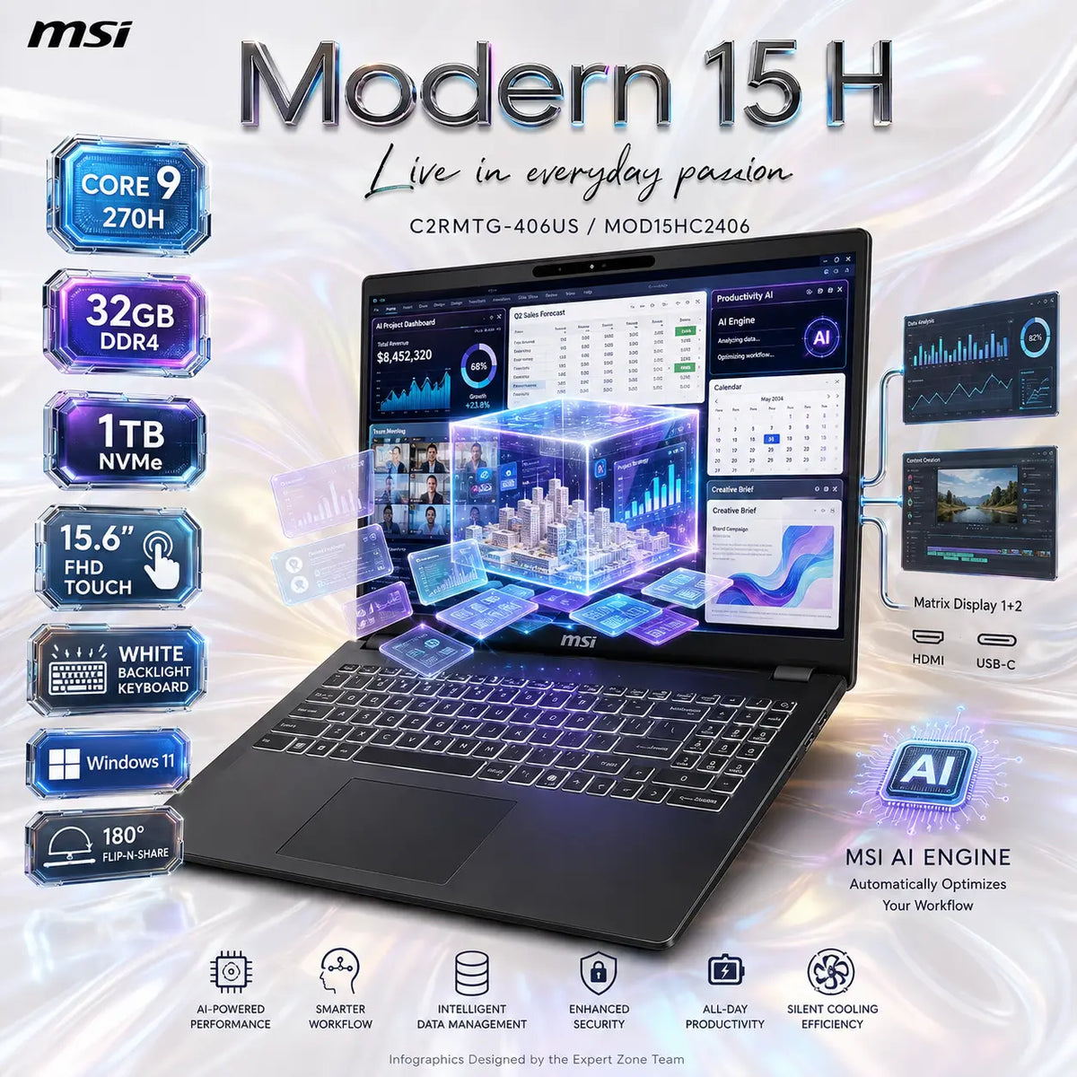 MSI MODERN 15 H: Intel® Core 9 – 270H | 32GB DDR4 RAM ; 1TB NVMe | Intel® Graphics | 15.6-inch FHD Touch Display | White Backlight Keyboard | Windows 11 | Classic Black ~ C2RMTG