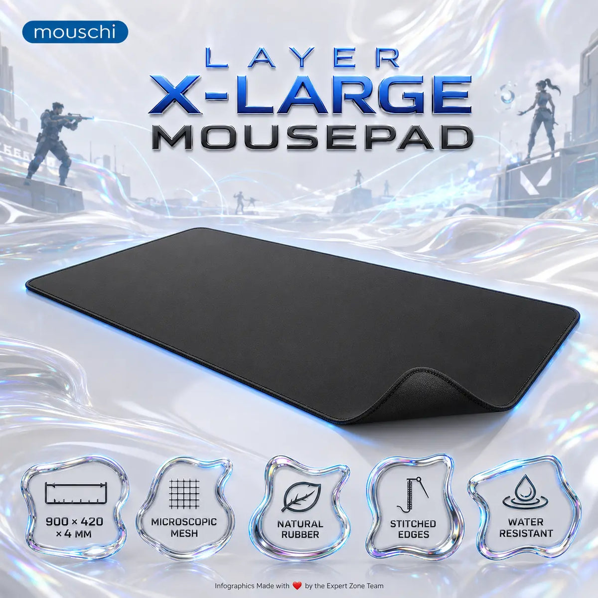 Mouschi Layer X-Large Black Mousepad – 900 × 420 × 4 mm, Optimized Microscopic-Mesh Surface, Natural Rubber Base, Stitched Edges, Water Resistant Extended Desk Mat for Gaming & Work