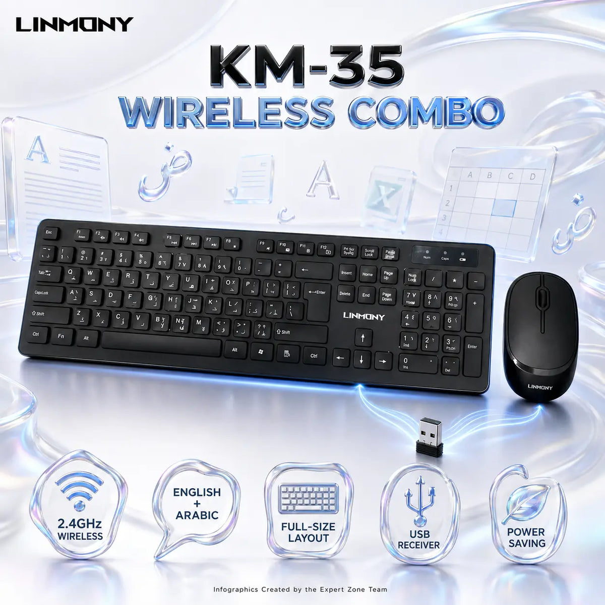 Linmony KM-35 Black Wireless Keyboard and Mouse Combo – 2.4GHz USB Receiver, Full-Size English-Arabic Layout, Numeric Keypad, Optical Mouse, Plug-and-Play and Power Saving