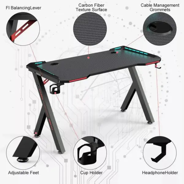 RGB Gaming Desk – Black | 100×60×73 cm | Carbon Fiber Texture | RGB Lighting | Cup Holder & Headset Hook | 80kg Load | Heavy-Duty Steel Frame