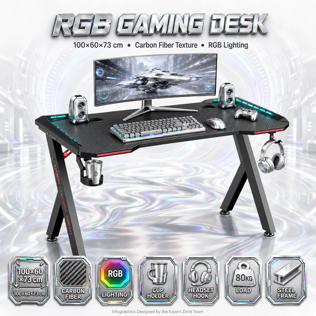RGB Gaming Desk – Black | 100×60×73 cm | Carbon Fiber Texture | RGB Lighting | Cup Holder & Headset Hook | 80kg Load | Heavy-Duty Steel Frame