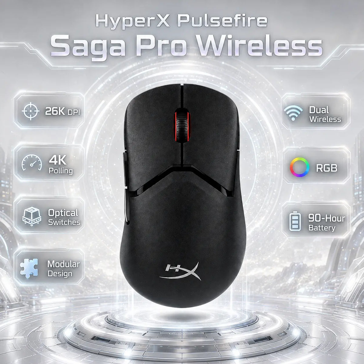 HP HyperX Pulsefire Saga Pro Wireless Gaming Mouse – 26K DPI, 4K Polling, Optical Switches, Modular Design, Dual Wireless, RGB, 90-Hour Battery