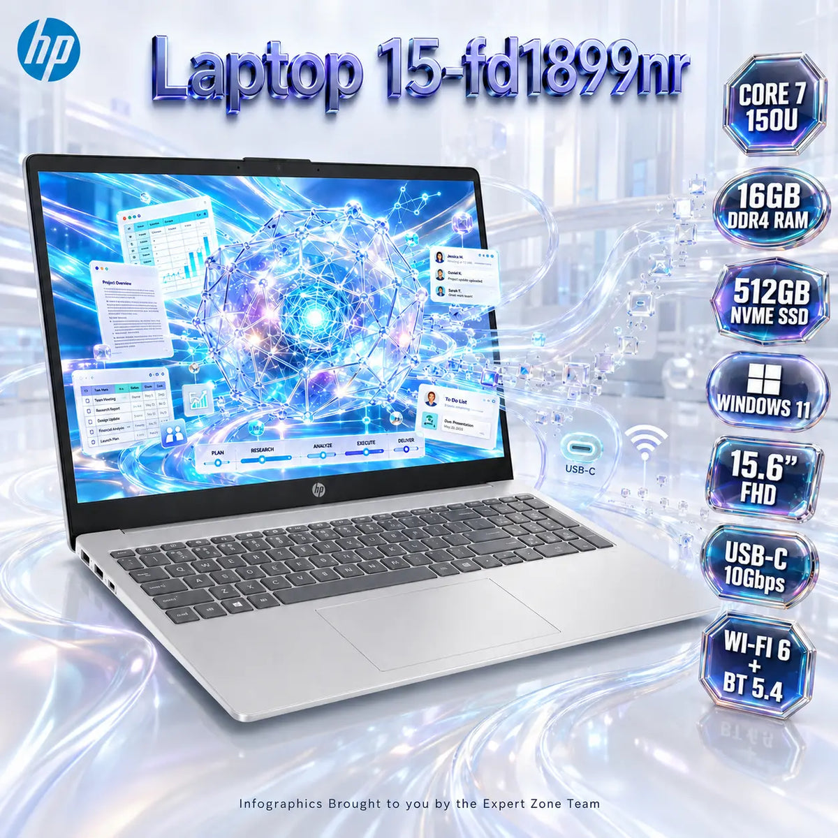HP 15-fd1899nr: Intel® Core 7 150U | 16 GB DDR4 RAM ; 512GB NVMe | 15.6-inch FHD Display | Intel® Graphics | Windows 11 | Natural Silver ~ C84QCUA