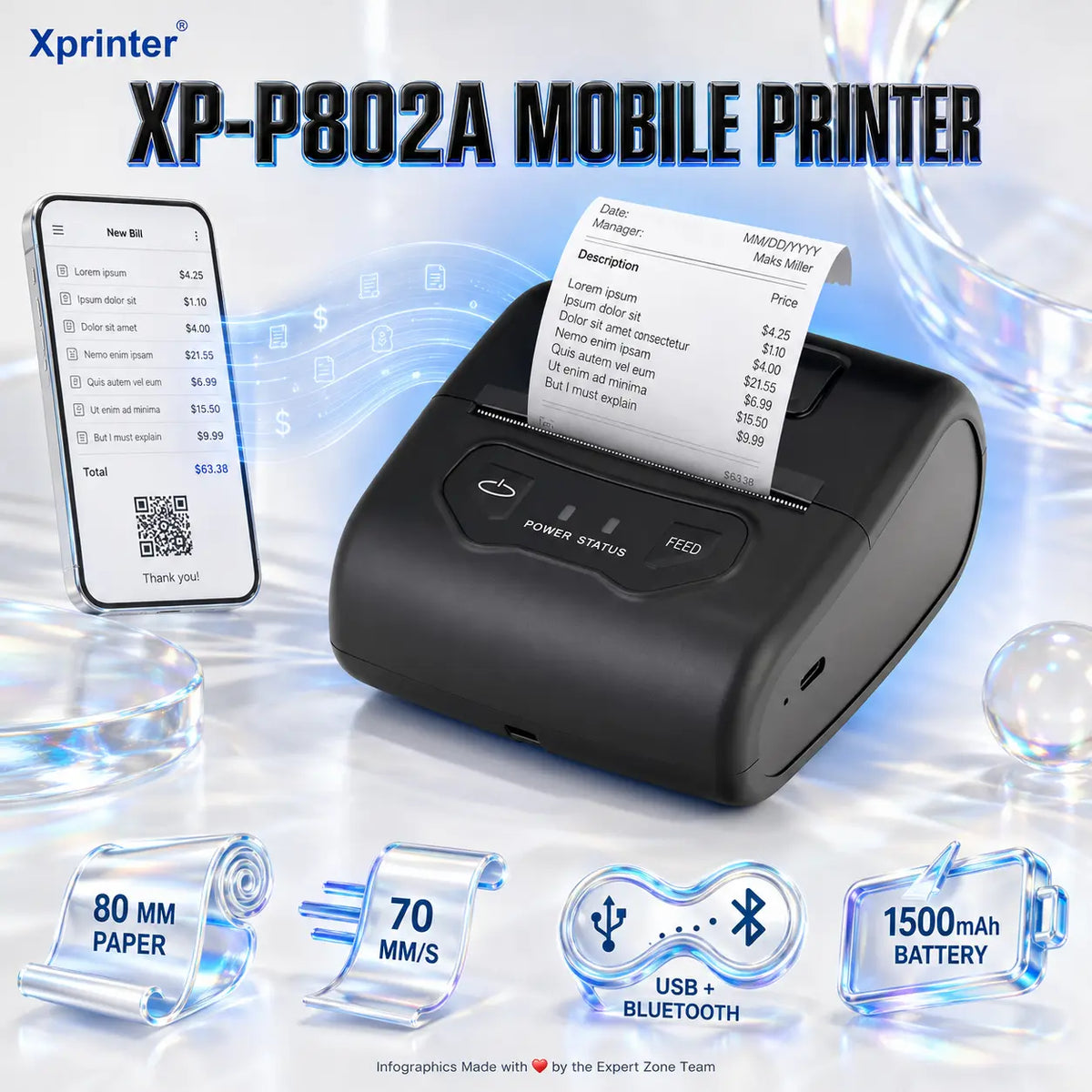 Xprinter XP-P802A Portable 80 mm Direct Thermal Printer, 70 mm/s, 203 dpi, Bluetooth + USB, 1500mAh Battery, 58/80 mm Paper, Android/iOS/Windows/Linux