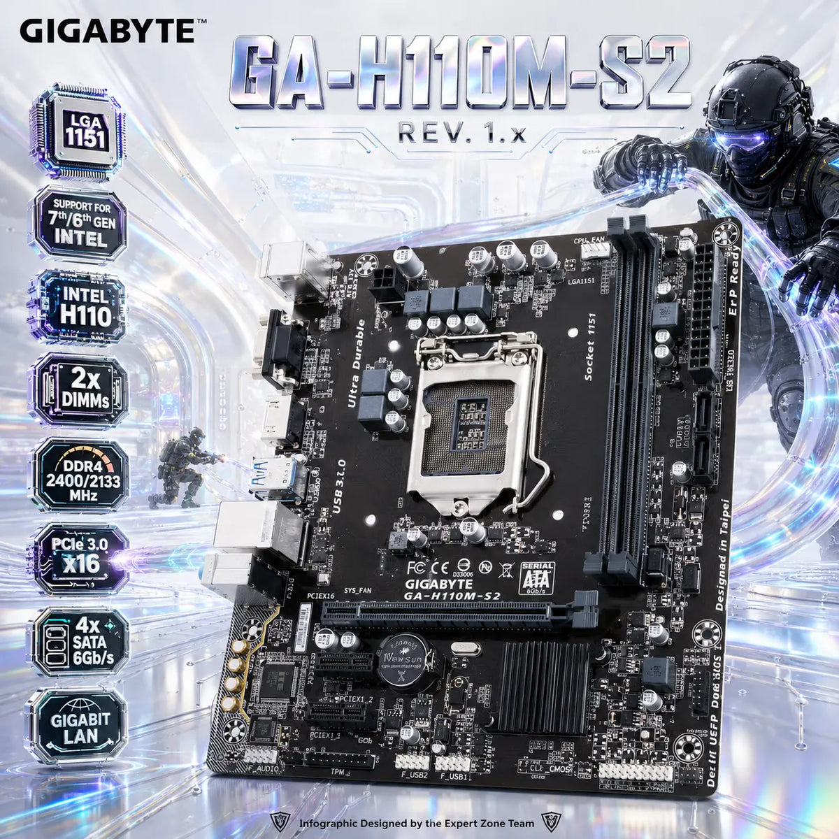 GIGABYTE GA-H110M-S2 Rev. 1.x Micro-ATX Motherboard, Intel H110, LGA1151, 2× DDR4 up to 32GB, PCIe 3.0 x16, 4× SATA 6Gb/s, Gigabit LAN & USB 3.0, Support for 7th/6th Gen | OPEN BOX