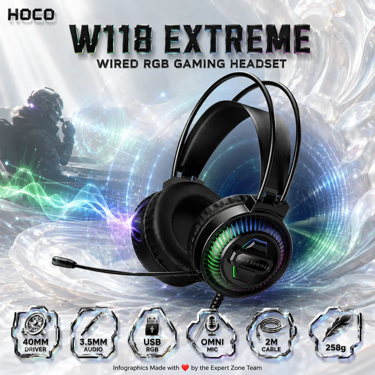 HOCO W118 Extreme Wired RGB Gaming Headset with 40mm Drivers, Omnidirectional Microphone, 3.5mm Audio, USB Lighting & 2m Cable – Black