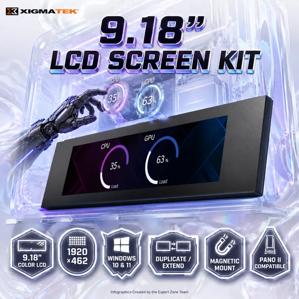 XIGMATEK 9.18-Inch Magnetic LCD Screen Kit for Pano II and Pano II Air, 1920 × 462 Full HD+ Resolution, Windows 10/11 Duplicate or Extend Display Support – Black