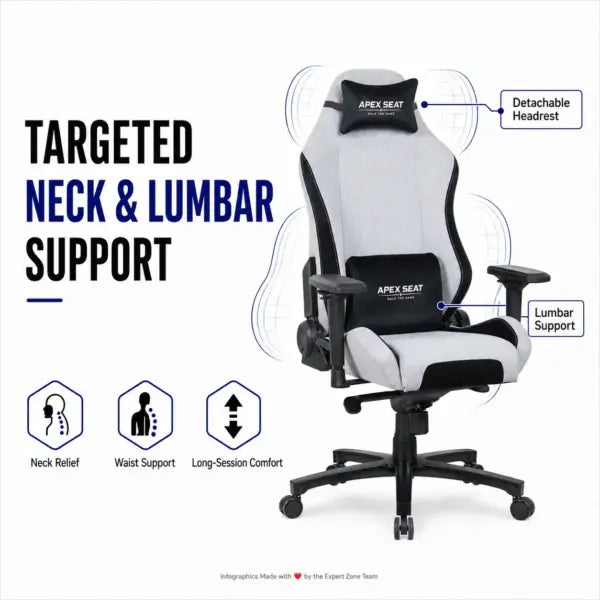 APEX SEAT AXE Ergonomic Gaming Chair – Textile Fabric, 4D Armrests, 90°–135° Recline, Class 4 Gas Lift, Headrest & Lumbar Cushions, Metal Frame, 60 mm PU Casters | GREY & BLACK