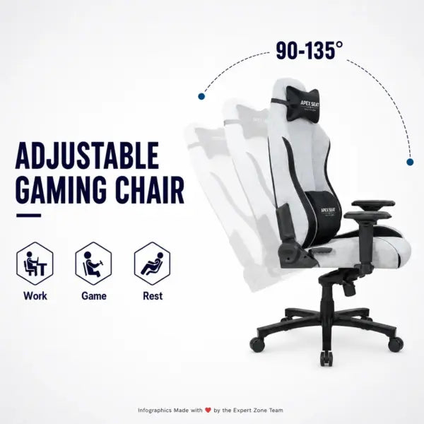 APEX SEAT AXE Ergonomic Gaming Chair – Textile Fabric, 4D Armrests, 90°–135° Recline, Class 4 Gas Lift, Headrest & Lumbar Cushions, Metal Frame, 60 mm PU Casters | GREY & BLACK