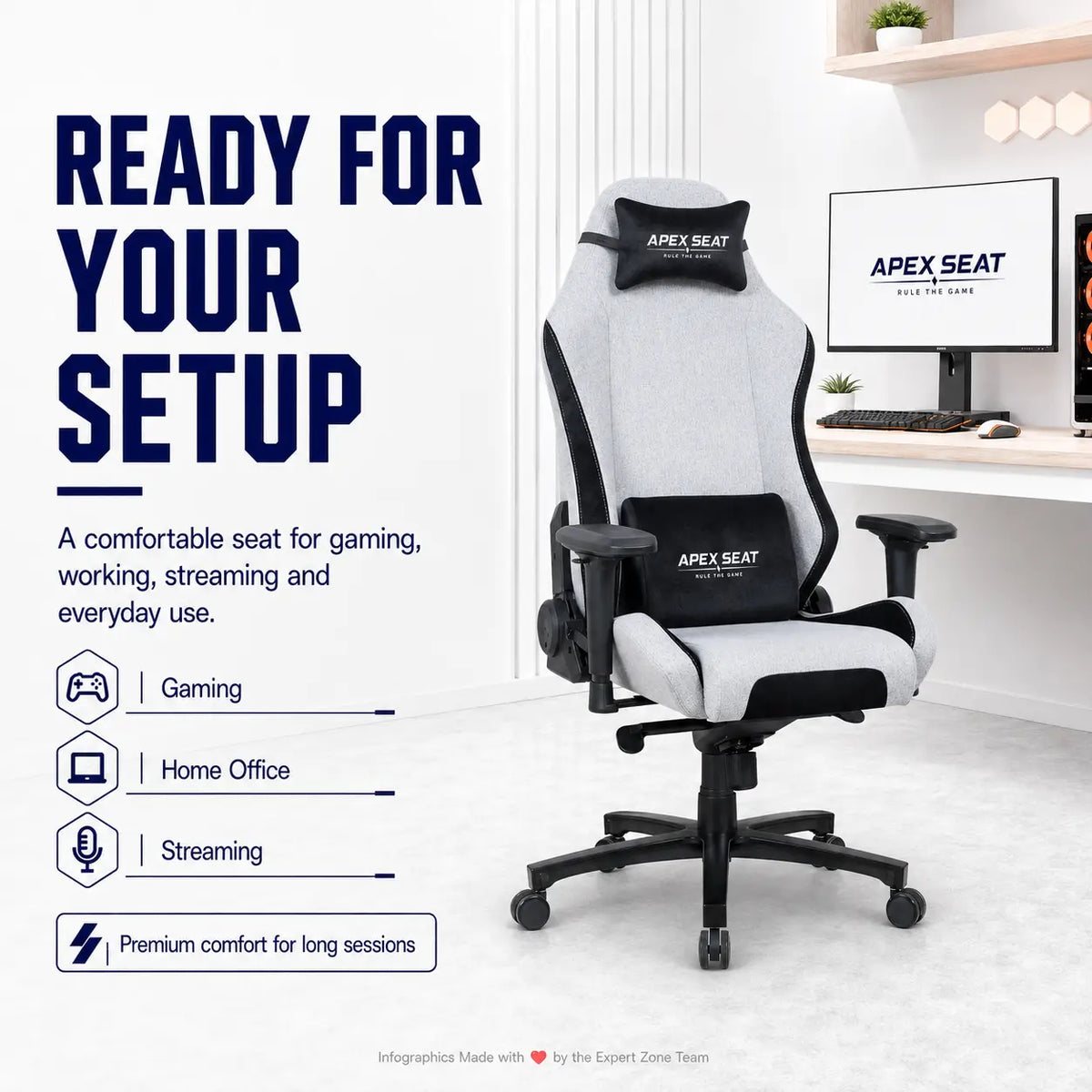 APEX SEAT AXE Ergonomic Gaming Chair – Textile Fabric, 4D Armrests, 90°–135° Recline, Class 4 Gas Lift, Headrest & Lumbar Cushions, Metal Frame, 60 mm PU Casters | GREY & BLACK