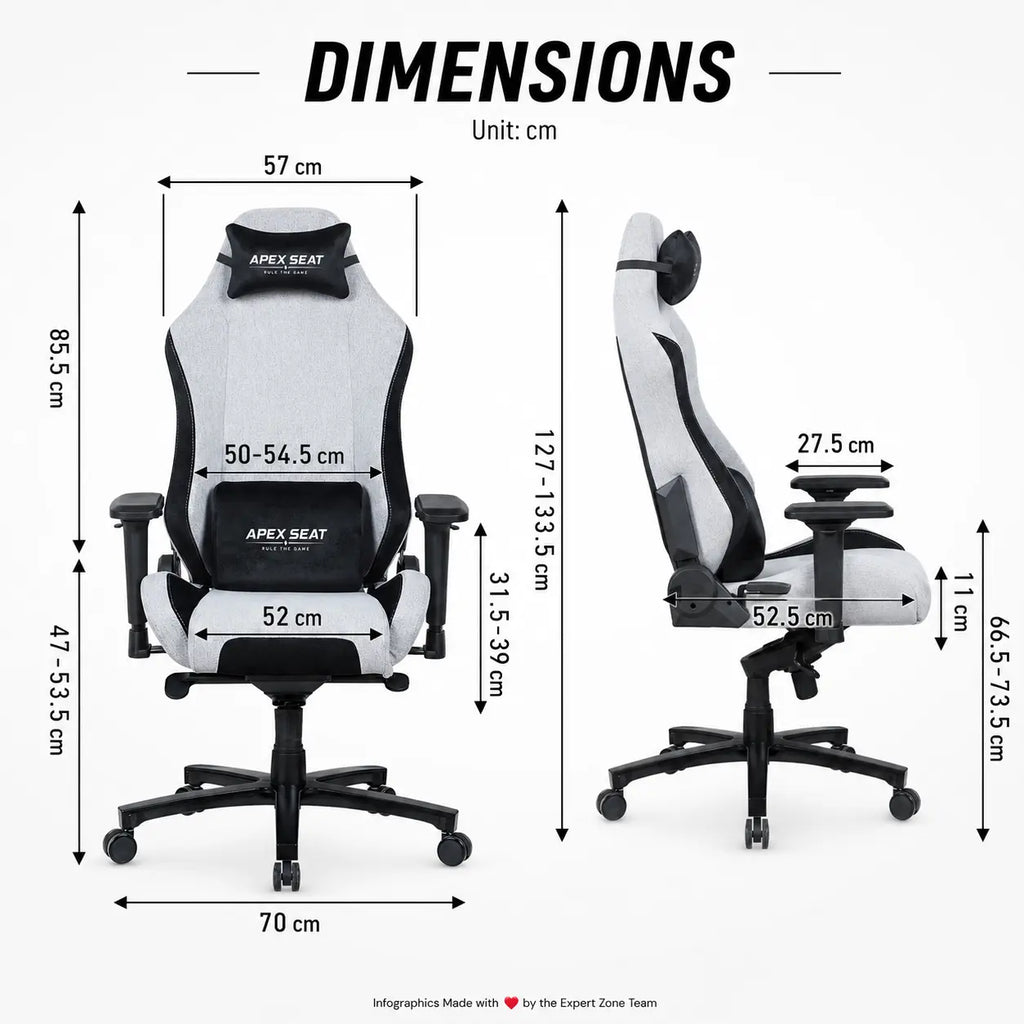 APEX SEAT AXE Ergonomic Gaming Chair – Textile Fabric, 4D Armrests, 90°–135° Recline, Class 4 Gas Lift, Headrest & Lumbar Cushions, Metal Frame, 60 mm PU Casters | GREY & BLACK