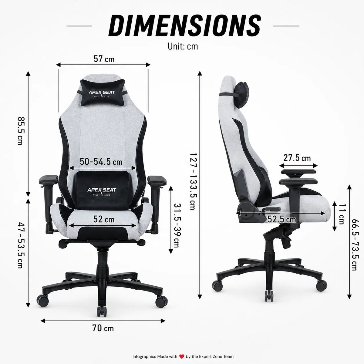 APEX SEAT AXE Ergonomic Gaming Chair – Textile Fabric, 4D Armrests, 90°–135° Recline, Class 4 Gas Lift, Headrest & Lumbar Cushions, Metal Frame, 60 mm PU Casters | GREY & BLACK