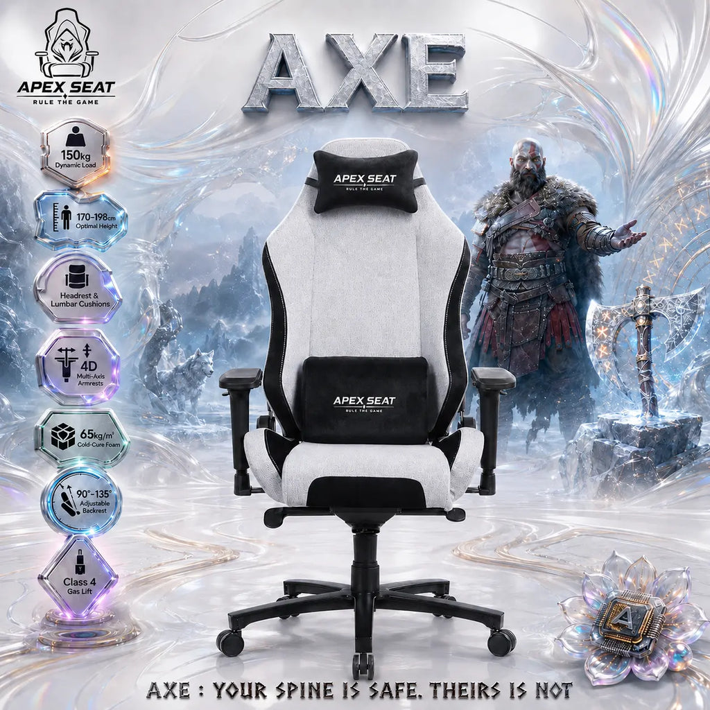 APEX SEAT AXE Ergonomic Gaming Chair – Textile Fabric, 4D Armrests, 90°–135° Recline, Class 4 Gas Lift, Headrest & Lumbar Cushions, Metal Frame, 60 mm PU Casters | GREY & BLACK