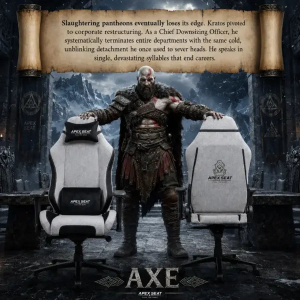 APEX SEAT AXE Ergonomic Gaming Chair – Textile Fabric, 4D Armrests, 90°–135° Recline, Class 4 Gas Lift, Headrest & Lumbar Cushions, Metal Frame, 60 mm PU Casters | GREY & BLACK