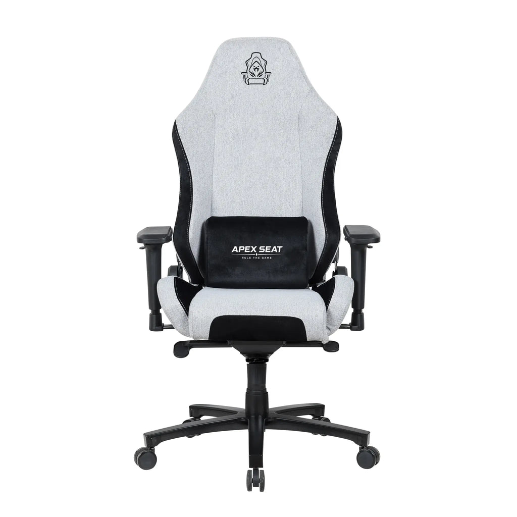 APEX SEAT AXE Ergonomic Gaming Chair – Textile Fabric, 4D Armrests, 90°–135° Recline, Class 4 Gas Lift, Headrest & Lumbar Cushions, Metal Frame, 60 mm PU Casters | GREY & BLACK