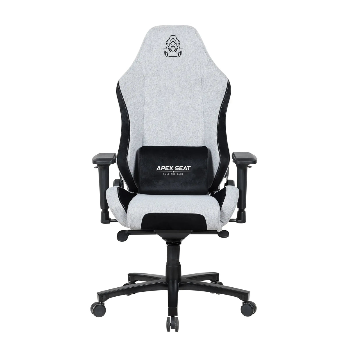 APEX SEAT AXE Ergonomic Gaming Chair – Textile Fabric, 4D Armrests, 90°–135° Recline, Class 4 Gas Lift, Headrest & Lumbar Cushions, Metal Frame, 60 mm PU Casters | GREY & BLACK