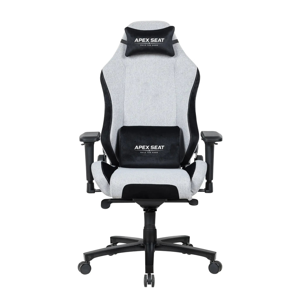 APEX SEAT AXE Ergonomic Gaming Chair – Textile Fabric, 4D Armrests, 90°–135° Recline, Class 4 Gas Lift, Headrest & Lumbar Cushions, Metal Frame, 60 mm PU Casters | GREY & BLACK