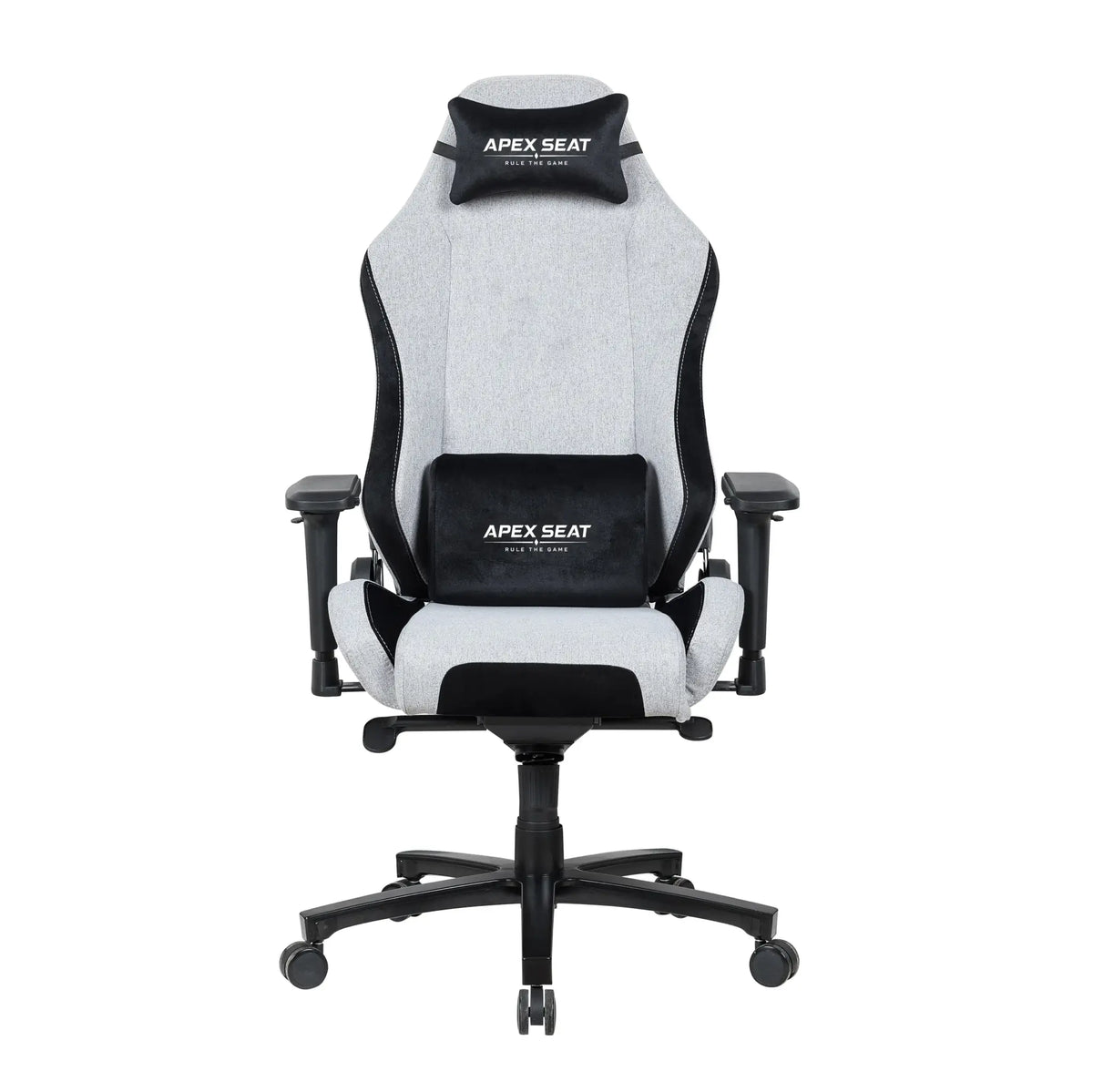 APEX SEAT AXE Ergonomic Gaming Chair – Textile Fabric, 4D Armrests, 90°–135° Recline, Class 4 Gas Lift, Headrest & Lumbar Cushions, Metal Frame, 60 mm PU Casters | GREY & BLACK